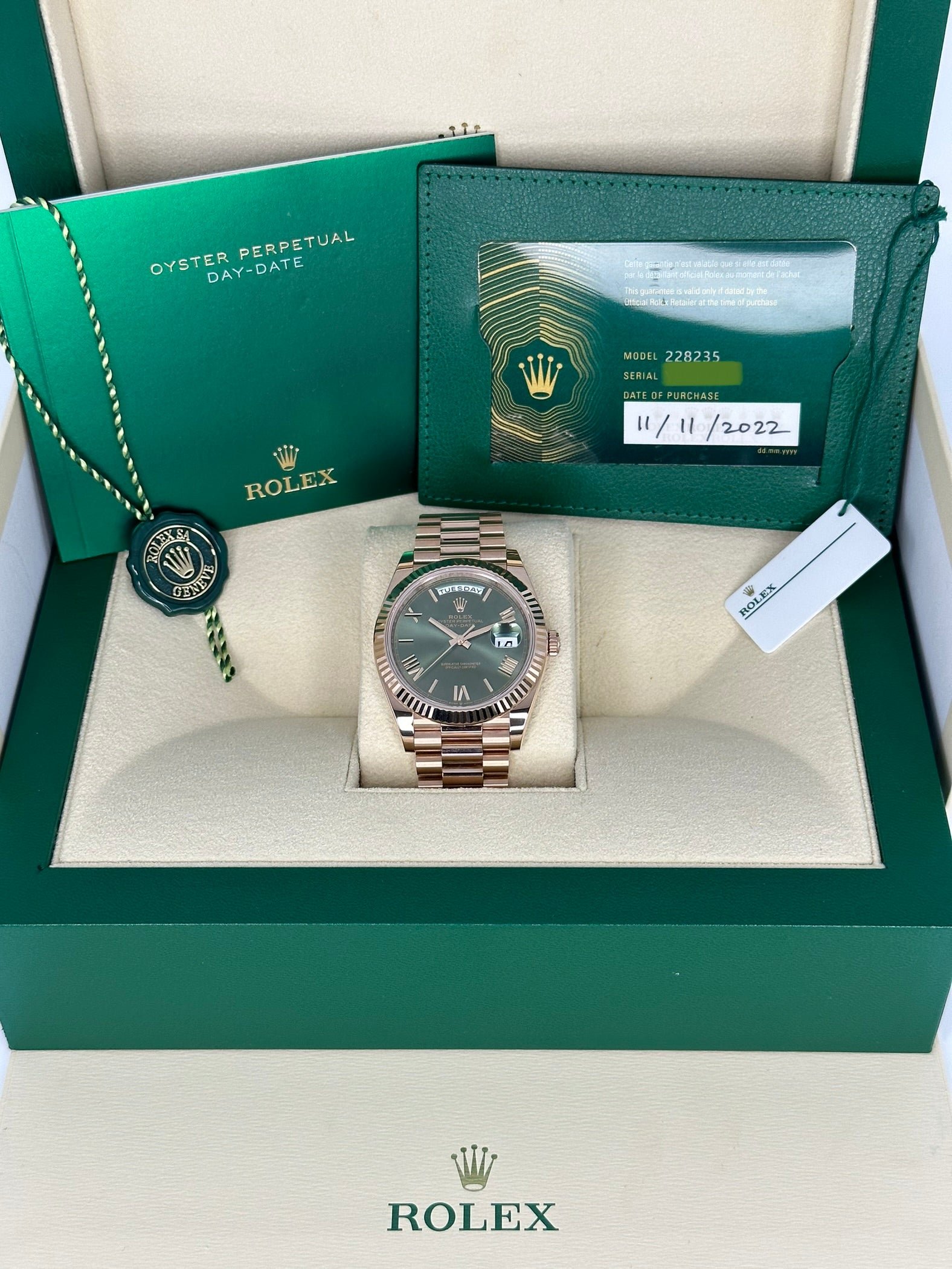 2022 Rolex Day-Date 40mm 228235 Presidential Rose Gold Olive Dial - Image 11