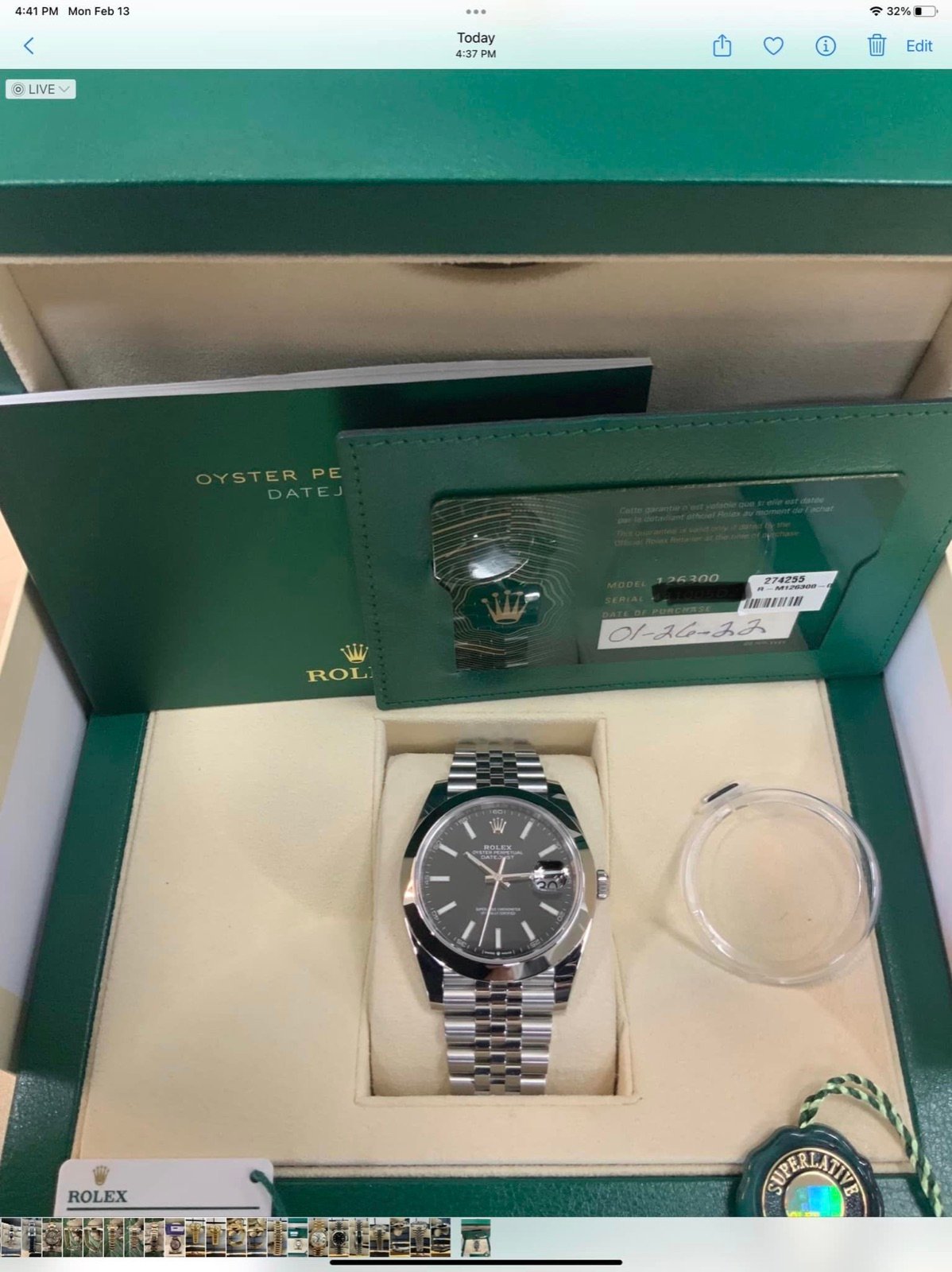 2022 Rolex Datejust 41mm 126300 Jubilee Black Stick Dial (Unworn) - Image 7