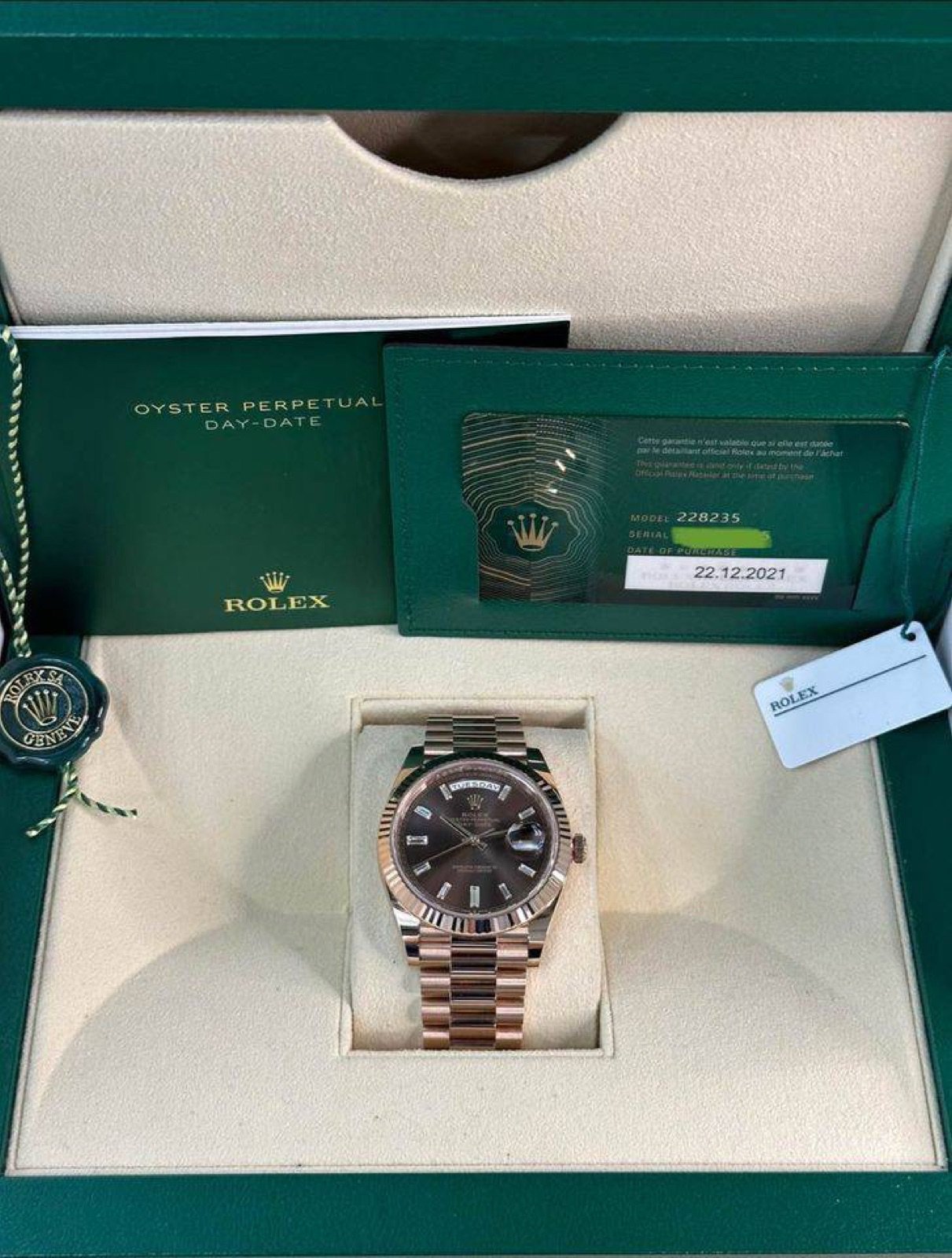 2021 Rolex Day-Date 40mm 228235 Rose Gold Chocolate Diamond Baguette - Image 7